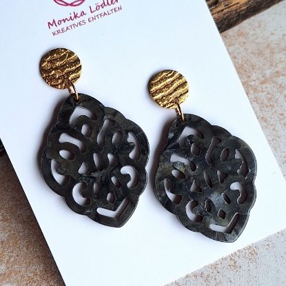 Picture of  Ornament-Ohrstecker - Rhombusform aus Resin black - Stecker goldfarbig